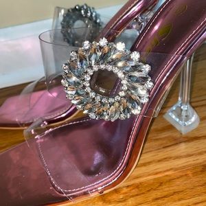 Square Toe Jeweled Brooch Flare Heeled Sandals